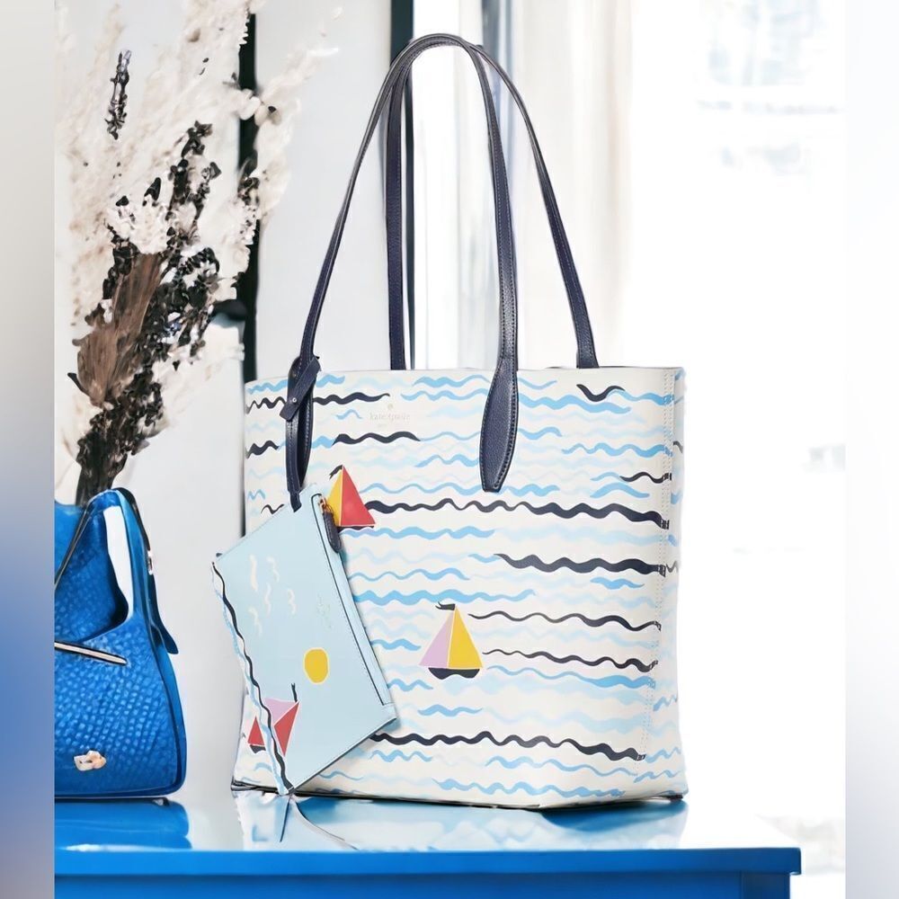 KATE SPADE SET SAIL LARGE LEATHER TOTE BAG BEACH SUMMER WITH COSMETIC WRISTLET - Picture 5 of 8